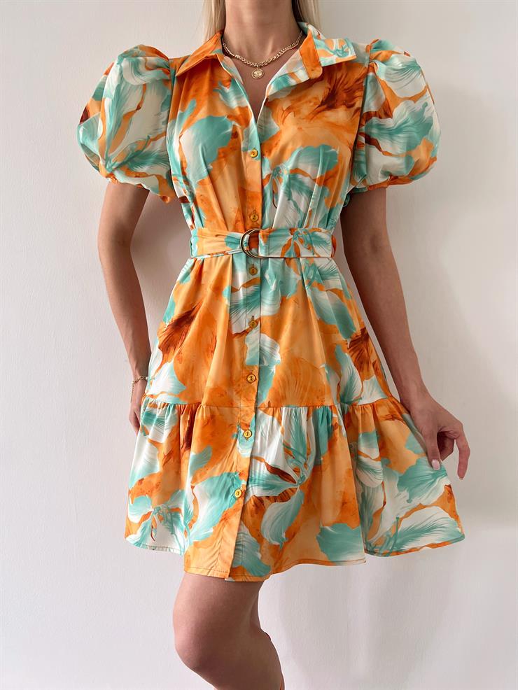 Kısa Balon Kol Önü Düğmeli Beli Kemerli Çiçek Desenli Perdon Kadın Turuncu Mini Elbise 23Y000397