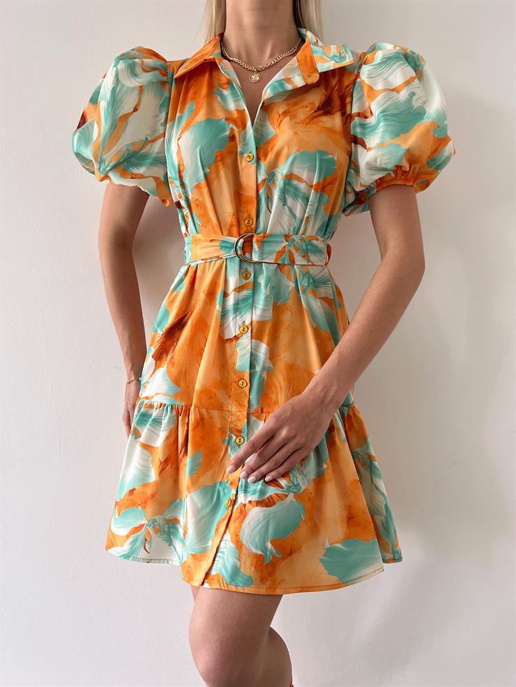 Kısa Balon Kol Önü Düğmeli Beli Kemerli Çiçek Desenli Perdon Kadın Turuncu Mini Elbise 23Y000397