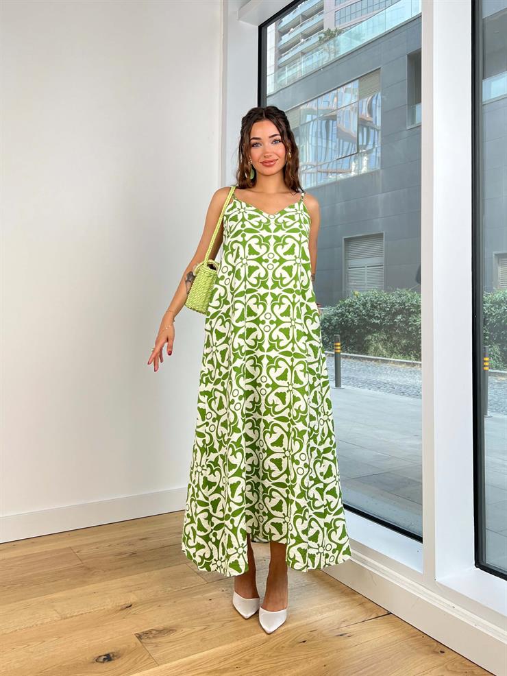 V Yaka Askılı Geniş Pereira Kadın Desenli Yeşil Uzun Elbise 24Y776