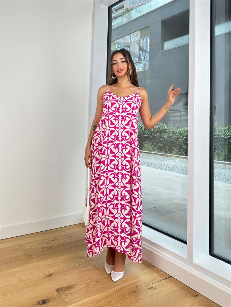 V Yaka Askılı Geniş Pereira Kadın Desenli Fuşya Uzun Elbise 24Y776