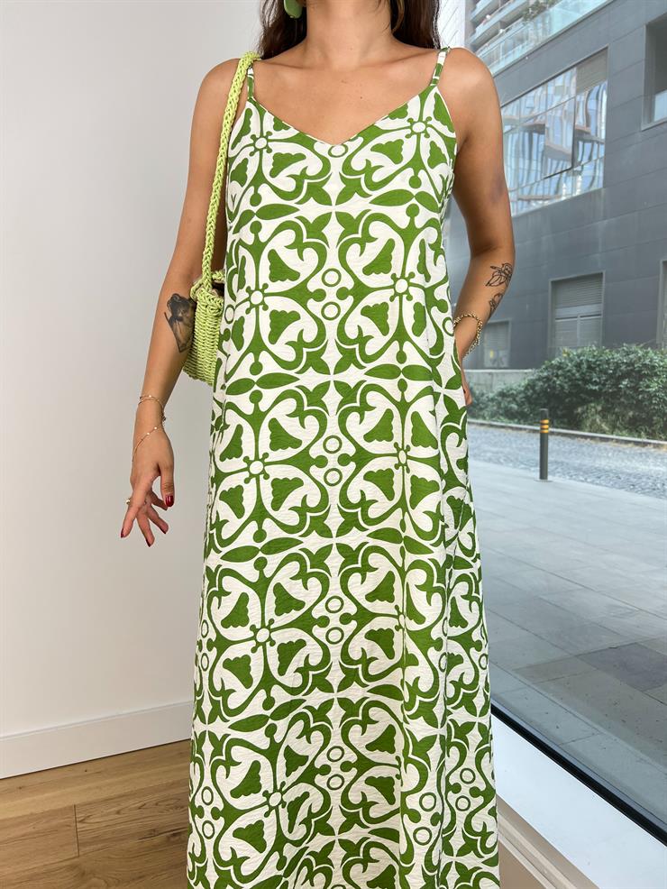 V Yaka Askılı Geniş Pereira Kadın Desenli Yeşil Uzun Elbise 24Y776