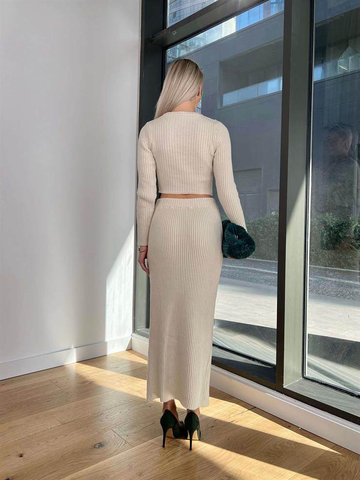 Bisiklet Yaka Crop Yüksek Bel Yırtmaçlı Etek Perto Kadın Taş Triko Takım 24k203