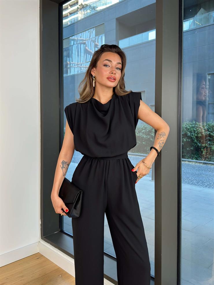 Belden Bağlamalı Peska Siyah Kadın Bol Paça Tulum 25Y497