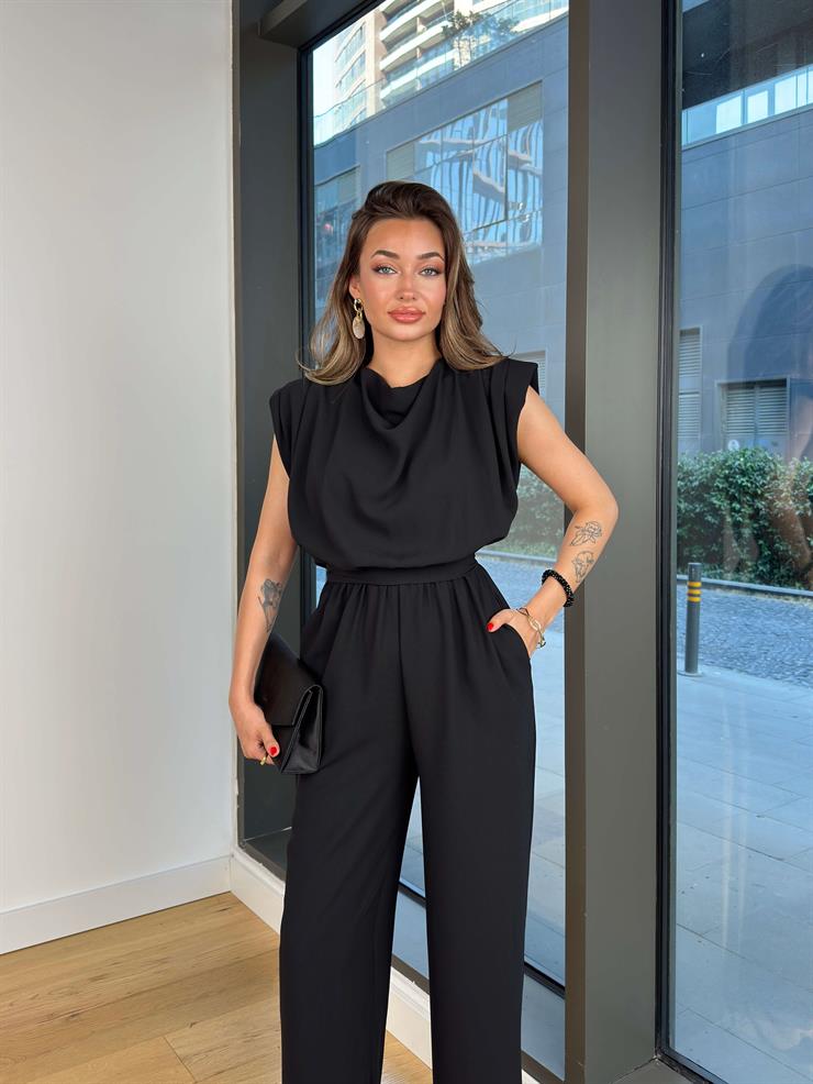 Belden Bağlamalı Peska Siyah Kadın Bol Paça Tulum 25Y497