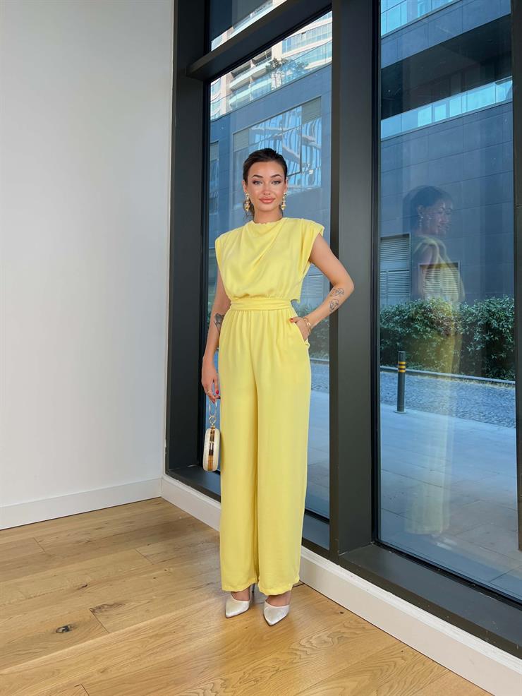 Belden Bağlamalı Peska Sarı Kadın Bol Paça Tulum 25Y497