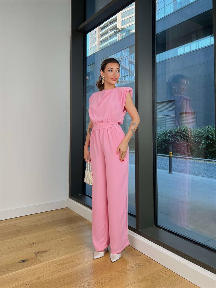 Belden Bağlamalı Peska Pembe Kadın Bol Paça Tulum 25Y497