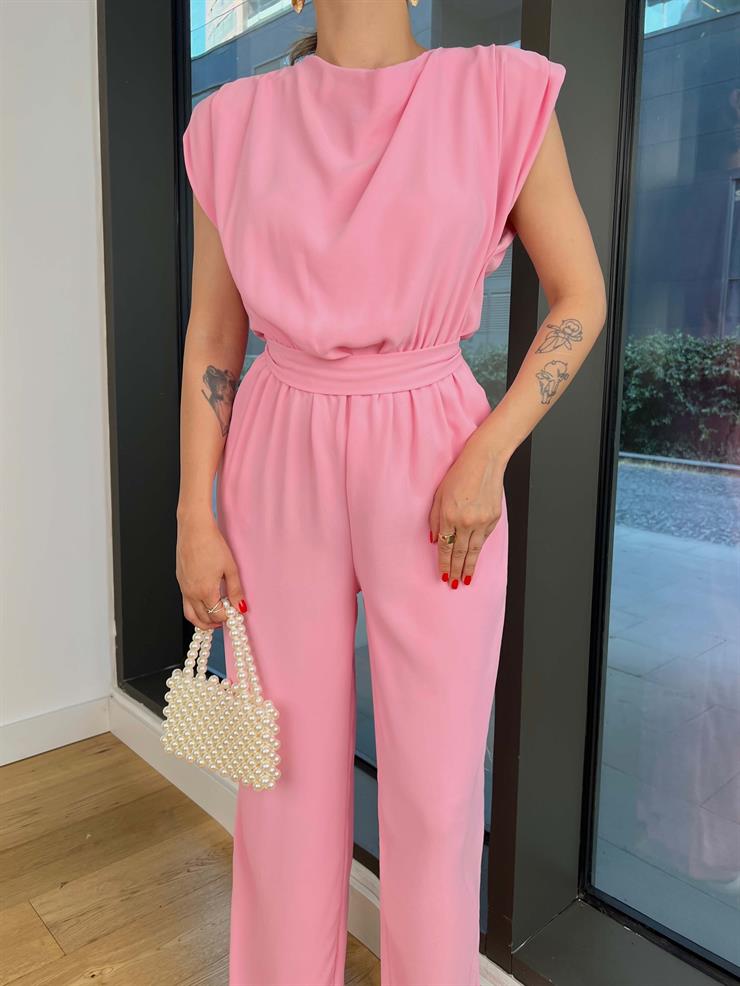 Belden Bağlamalı Peska Pembe Kadın Bol Paça Tulum 25Y497