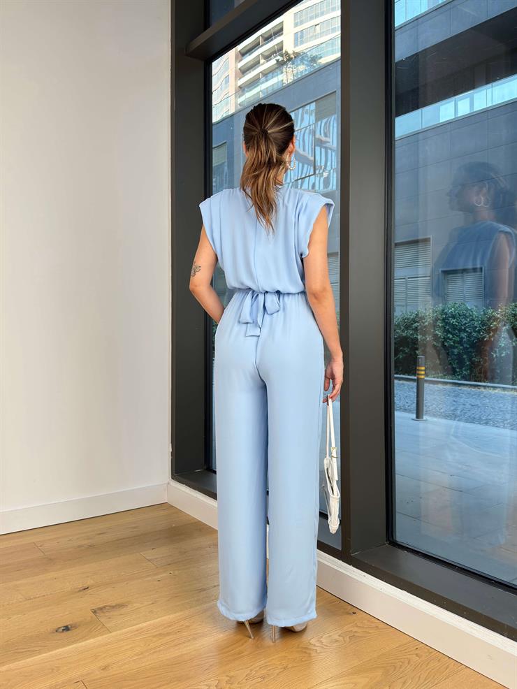 Belden Bağlamalı Peska Mavi Kadın Bol Paça Tulum 25Y497