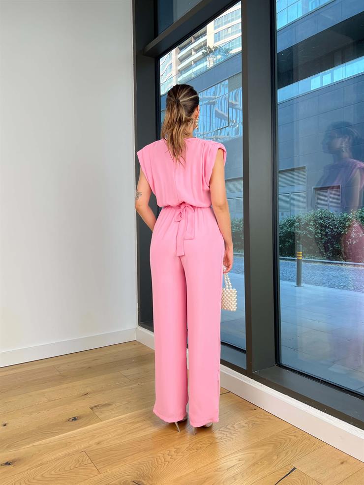 Belden Bağlamalı Peska Pembe Kadın Bol Paça Tulum 25Y497