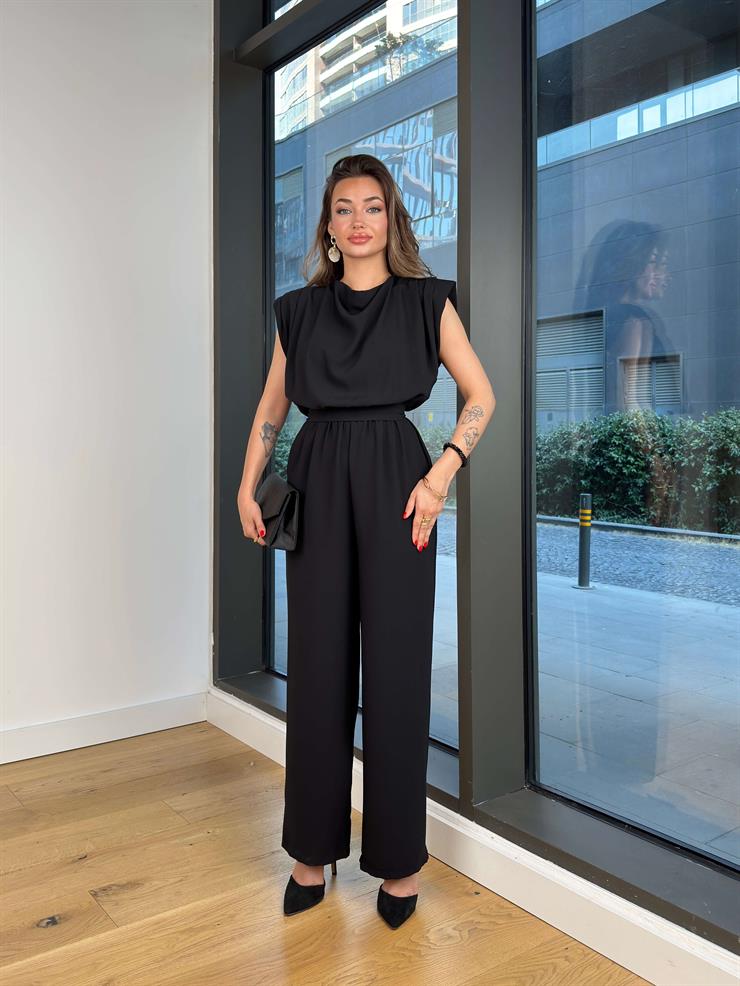 Belden Bağlamalı Peska Siyah Kadın Bol Paça Tulum 25Y497