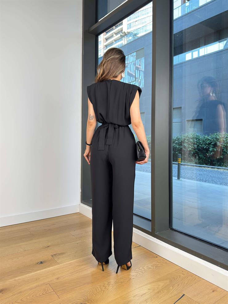 Belden Bağlamalı Peska Siyah Kadın Bol Paça Tulum 25Y497