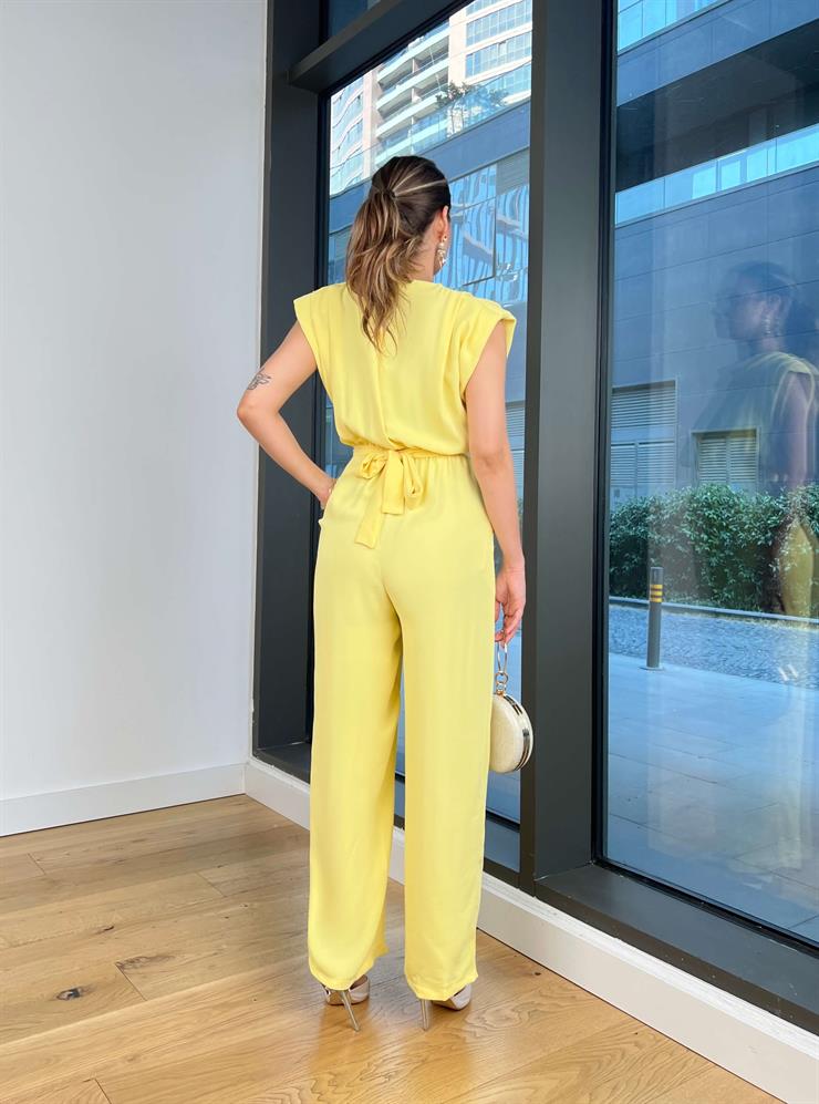 Belden Bağlamalı Peska Sarı Kadın Bol Paça Tulum 25Y497