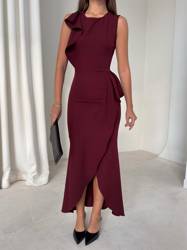 Kruvaze Kesim Kolsuz Pesvari Bordo Kadın Elbise 26K201