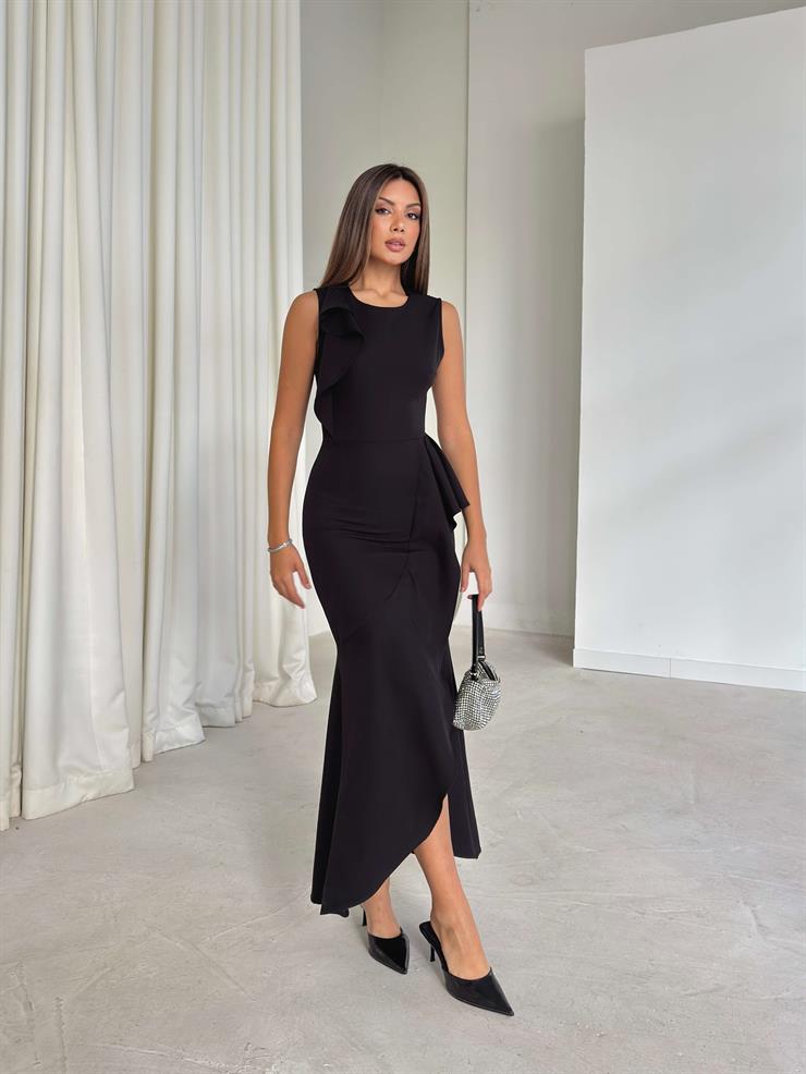 Kruvaze Kesim Kolsuz Pesvari Siyah Kadın Elbise 26K201