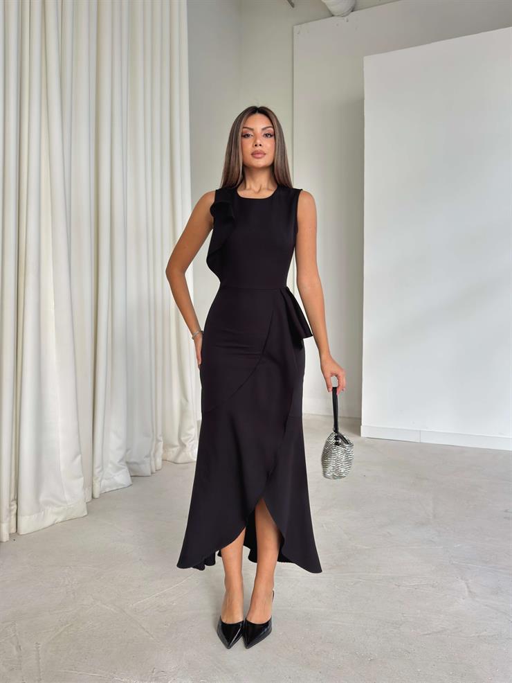 Kruvaze Kesim Kolsuz Pesvari Siyah Kadın Elbise 26K201