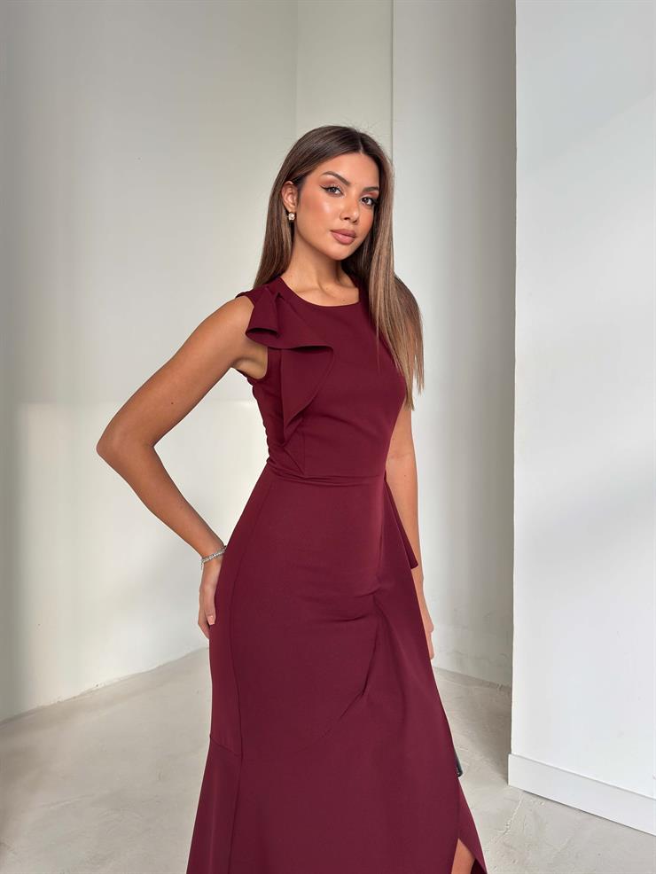 Kruvaze Kesim Kolsuz Pesvari Bordo Kadın Elbise 26K201