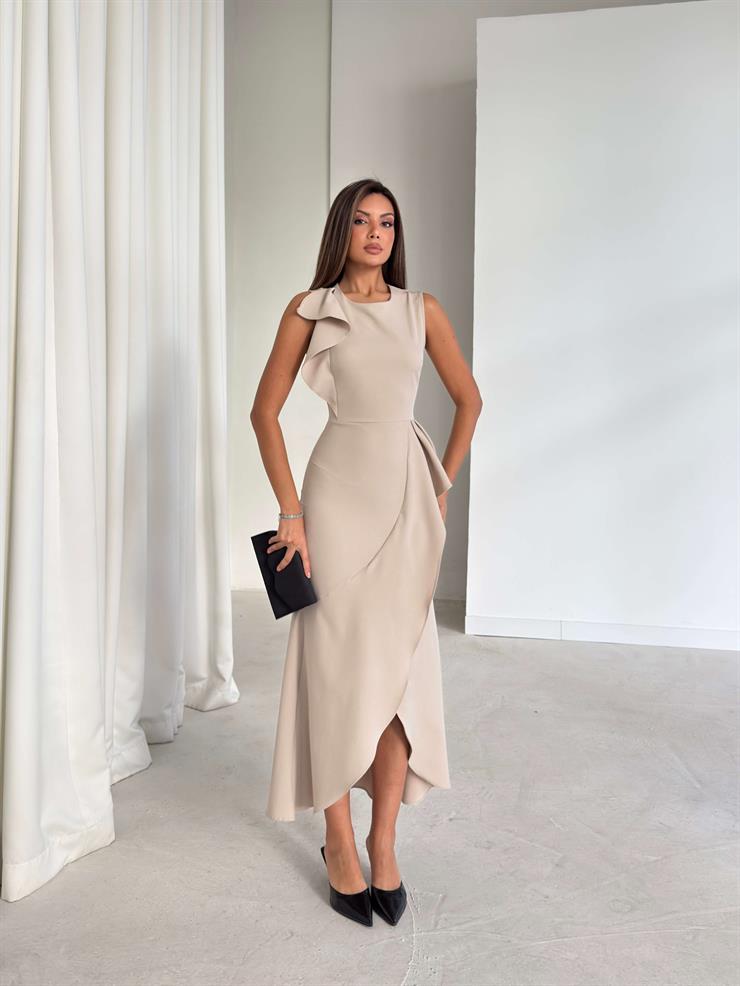 Kruvaze Kesim Kolsuz Pesvari Bej Kadın Elbise 26K201
