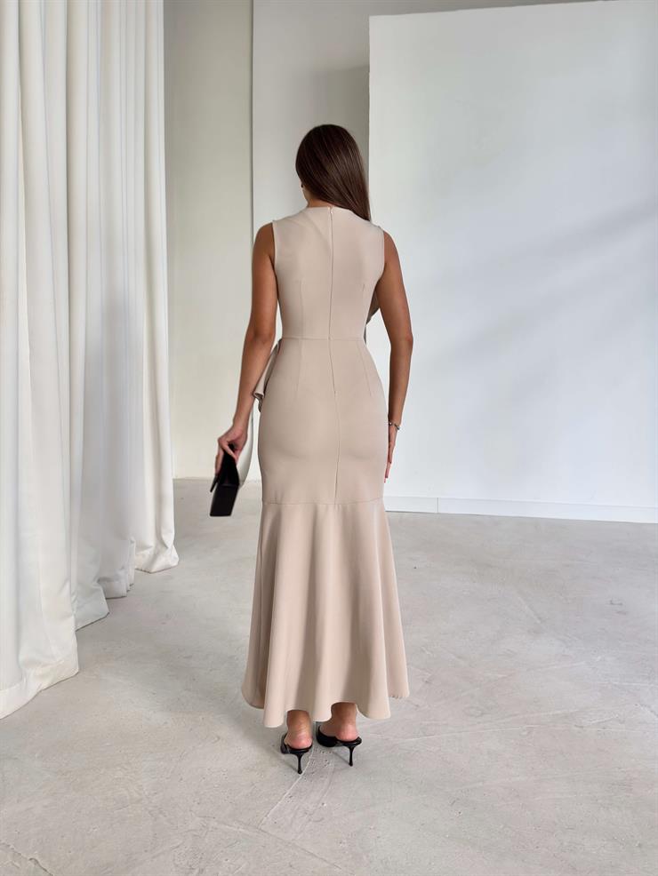 Kruvaze Kesim Kolsuz Pesvari Bej Kadın Elbise 26K201