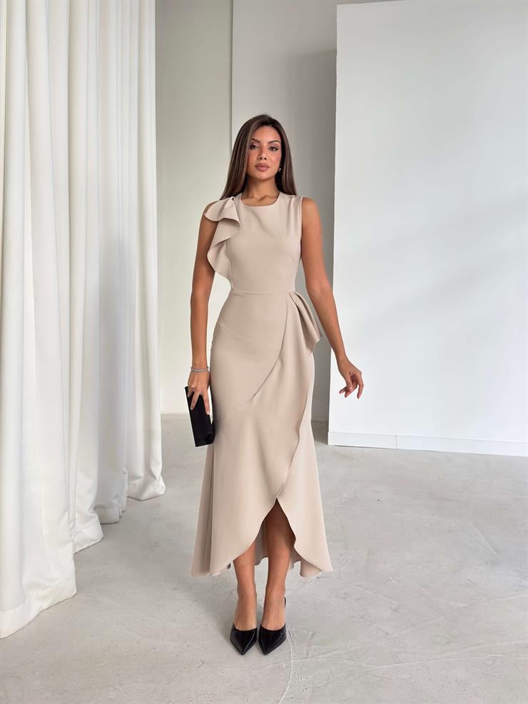Kruvaze Kesim Kolsuz Pesvari Bej Kadın Elbise 26K201