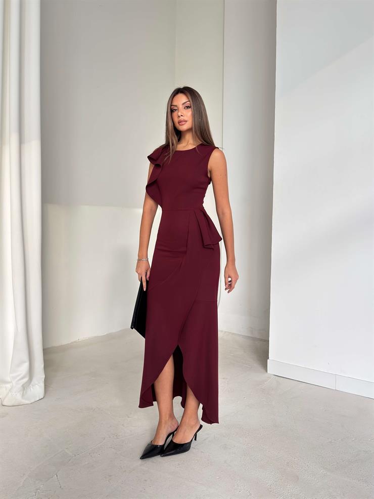 Kruvaze Kesim Kolsuz Pesvari Bordo Kadın Elbise 26K201