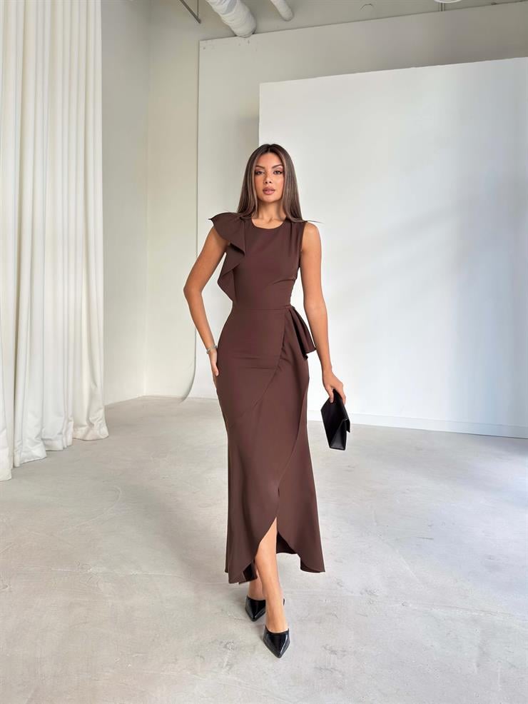 Kruvaze Kesim Kolsuz Pesvari Kahve Kadın Elbise 26K201