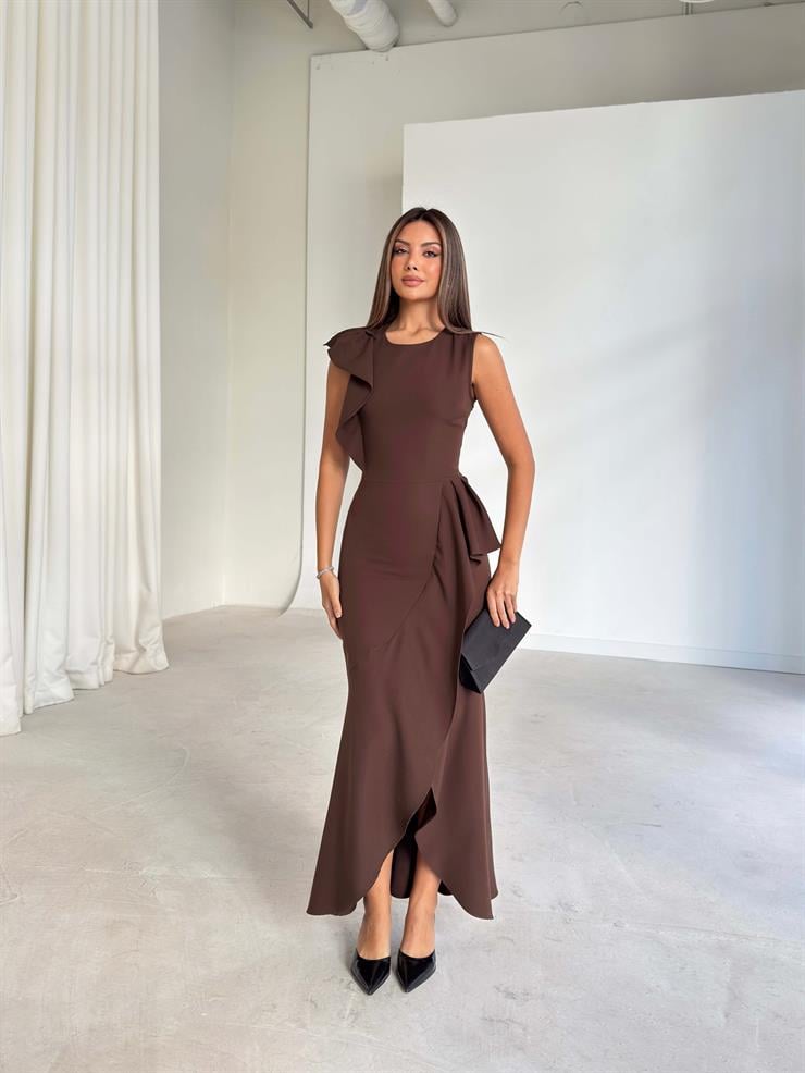 Kruvaze Kesim Kolsuz Pesvari Kahve Kadın Elbise 26K201