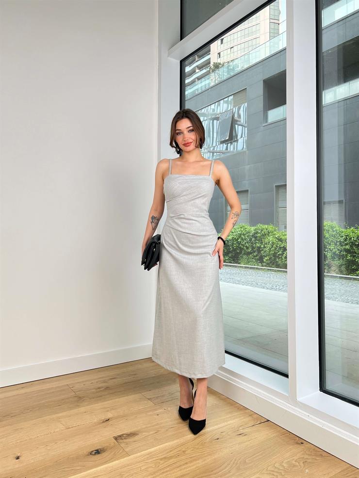 Askılı Drapeli Belden Oturan Petr Kadın Gri Midi Elbise 24Y406