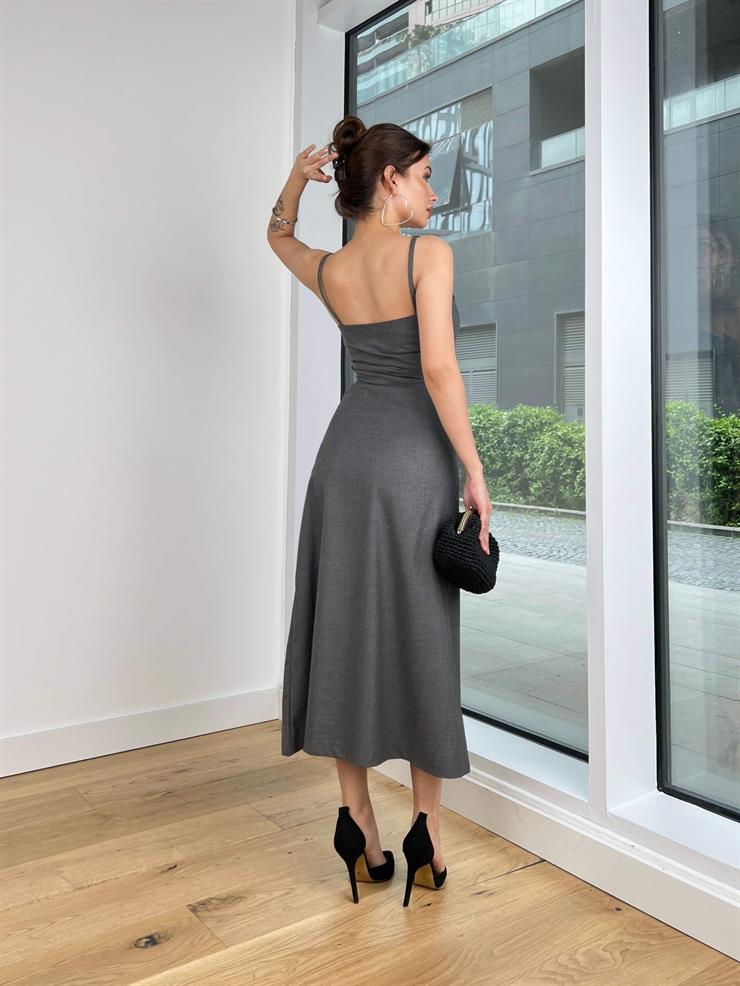 Askılı Drapeli Belden Oturan Petr Kadın Füme Midi Elbise 24Y406