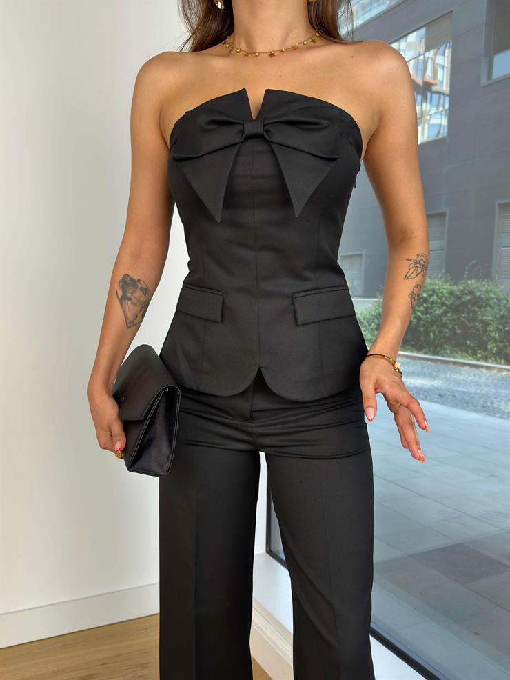 Straplez Önü Fiyonklu Yüksek Bel Bol Paça Pantolon Petra Kadın Siyah Takım 25K049