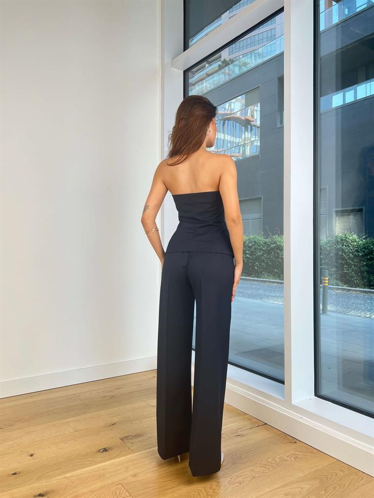 Straplez Önü Fiyonklu Yüksek Bel Bol Paça Pantolon Petra Kadın Lacivert Takım 25K049