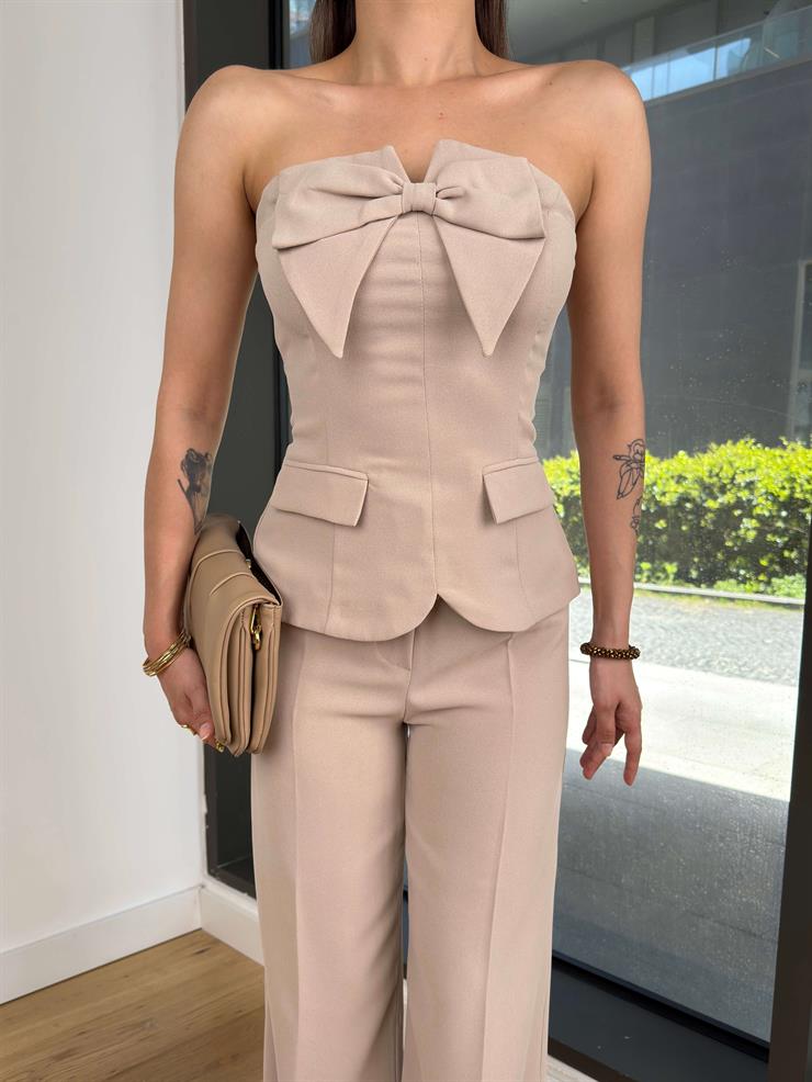 Straplez Önü Fiyonklu Yüksek Bel Bol Paça Pantolon Petra Taş Kadın Takım 25K049