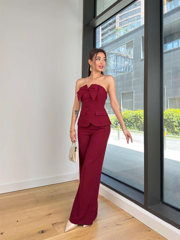 Straplez Önü Fiyonklu Yüksek Bel Bol Paça Pantolon Petra Bordo Kadın Takım 25K049