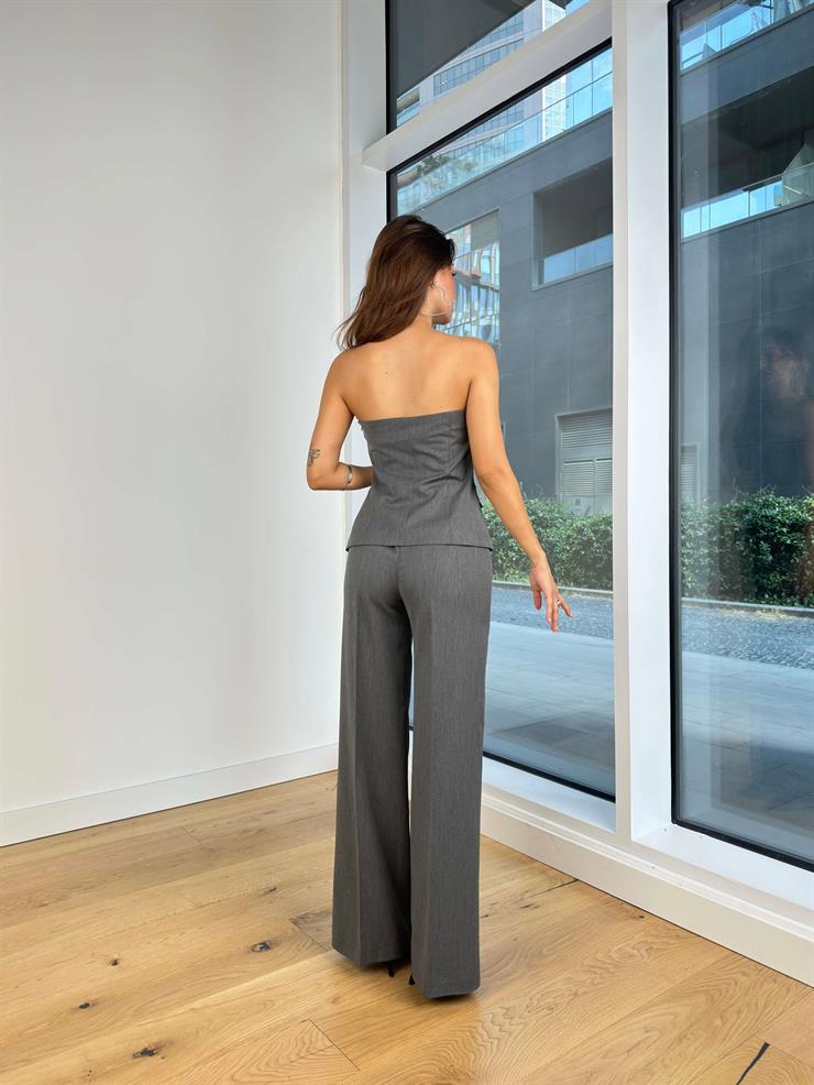 Straplez Önü Fiyonklu Yüksek Bel Bol Paça Pantolon Petra Kadın Füme Takım 25K049