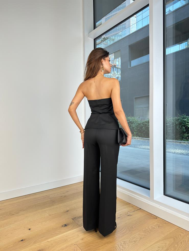 Straplez Önü Fiyonklu Yüksek Bel Bol Paça Pantolon Petra Kadın Siyah Takım 25K049