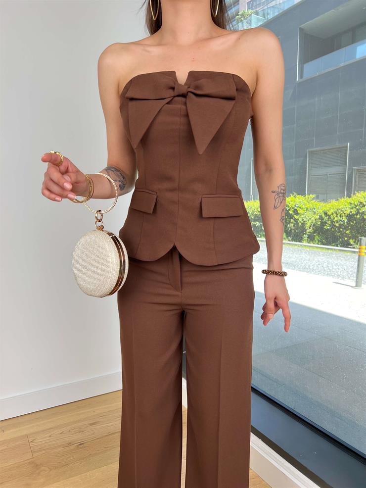 Straplez Önü Fiyonklu Yüksek Bel Bol Paça Pantolon Petra Kahve Kadın Takım 25K049