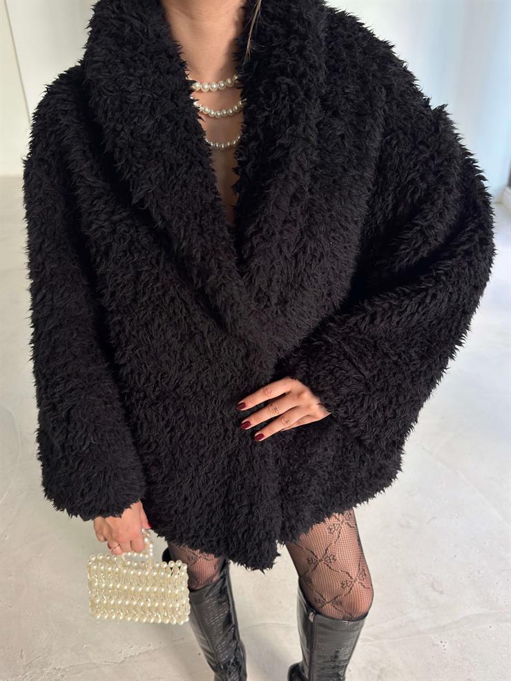 Önü Kapamalı Peluş Pevrida Siyah Kadın Kürk Mont 26K144