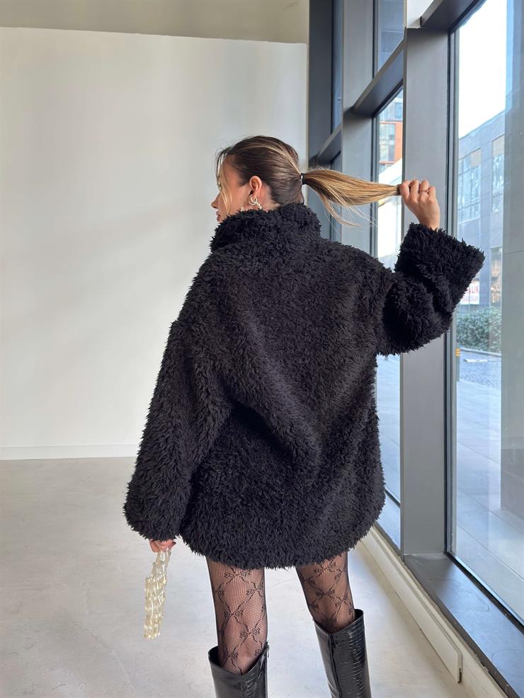 Önü Kapamalı Peluş Pevrida Siyah Kadın Kürk Mont 26K144
