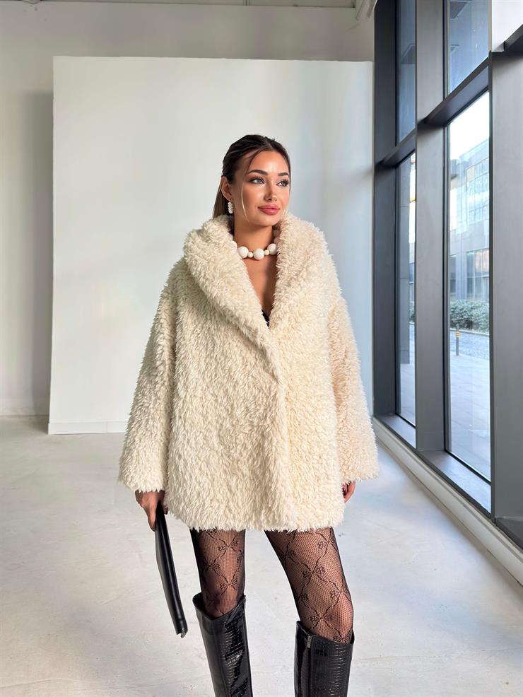 Önü Kapamalı Peluş Pevrida Ekru Kadın Kürk Mont 26K144