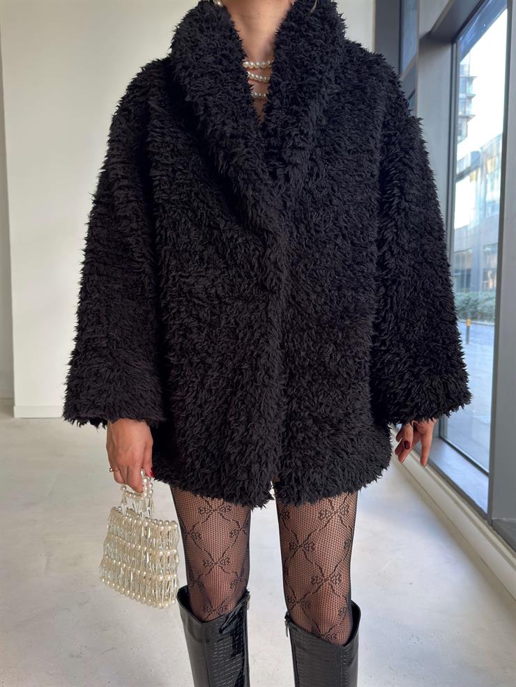 Önü Kapamalı Peluş Pevrida Siyah Kadın Kürk Mont 26K144