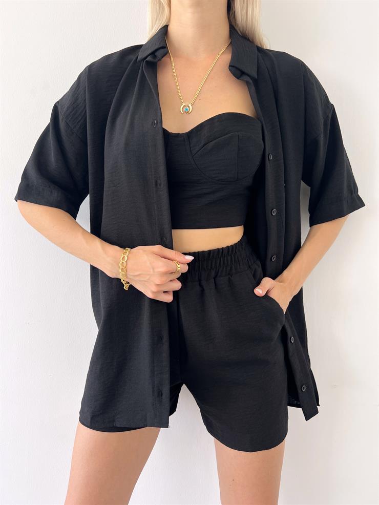 Yarım Kol Önü Düğmeli Gömlek Straplez Crop Beli Lastikli Mini Şort Pietro Kadın Siyah Üçlü Takım 23Y000505