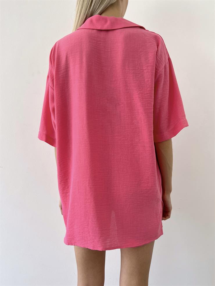 Yarım Kol Önü Düğmeli Gömlek Straplez Crop Beli Lastikli Mini Şort Pietro Kadın Pembe Üçlü Takım 23Y000505