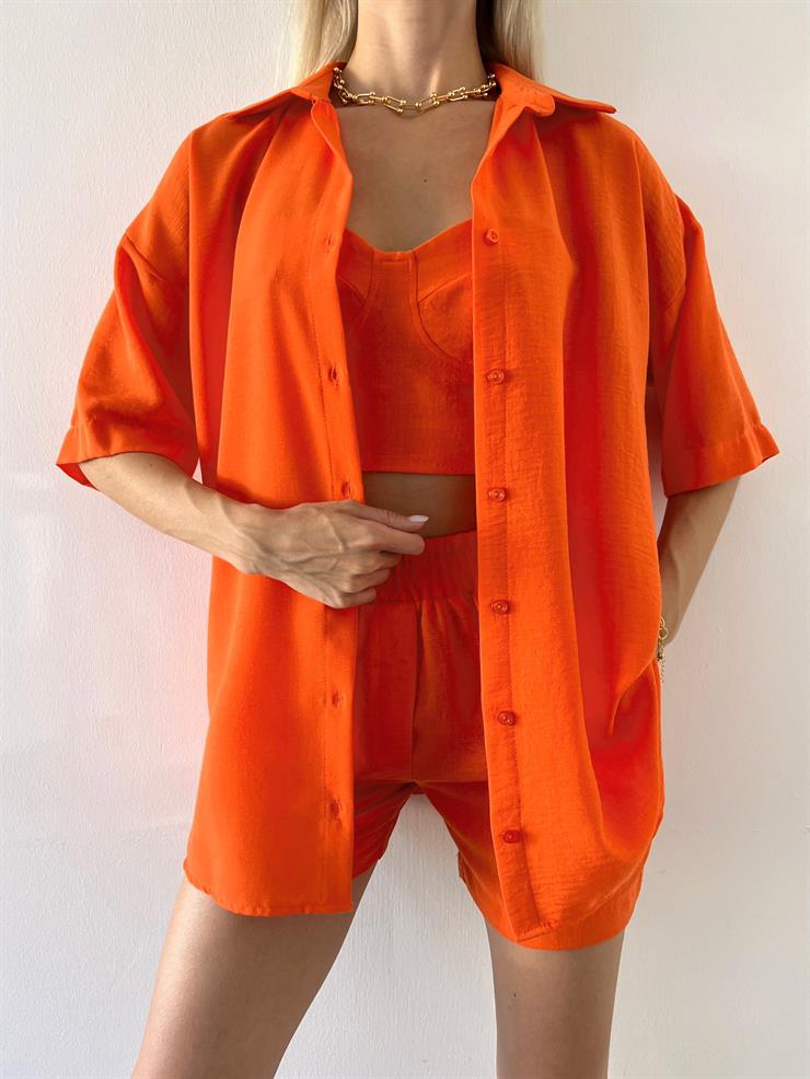 Yarım Kol Önü Düğmeli Gömlek Straplez Crop Beli Lastikli Mini Şort Pietro Kadın Turuncu Üçlü Takım 23Y000505