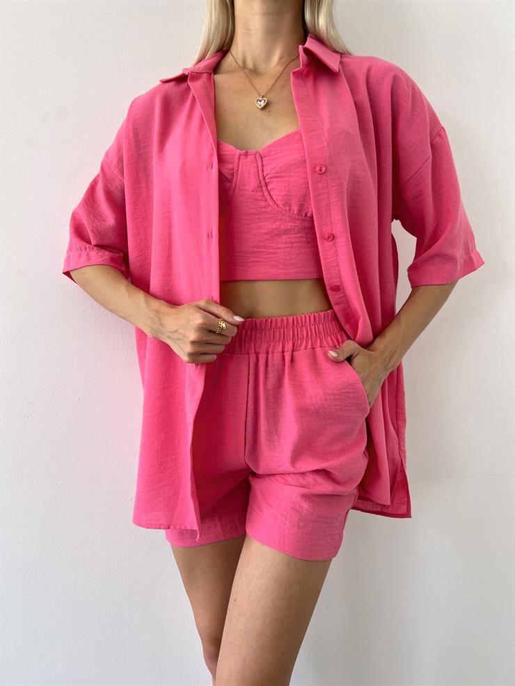 Yarım Kol Önü Düğmeli Gömlek Straplez Crop Beli Lastikli Mini Şort Pietro Kadın Pembe Üçlü Takım 23Y000505