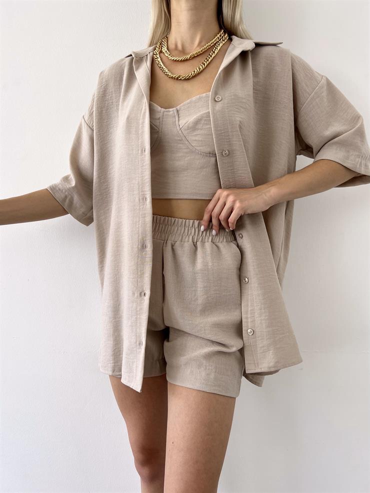 Yarım Kol Önü Düğmeli Gömlek Straplez Crop Beli Lastikli Mini Şort Pietro Kadın Taş Üçlü Takım 23Y000505