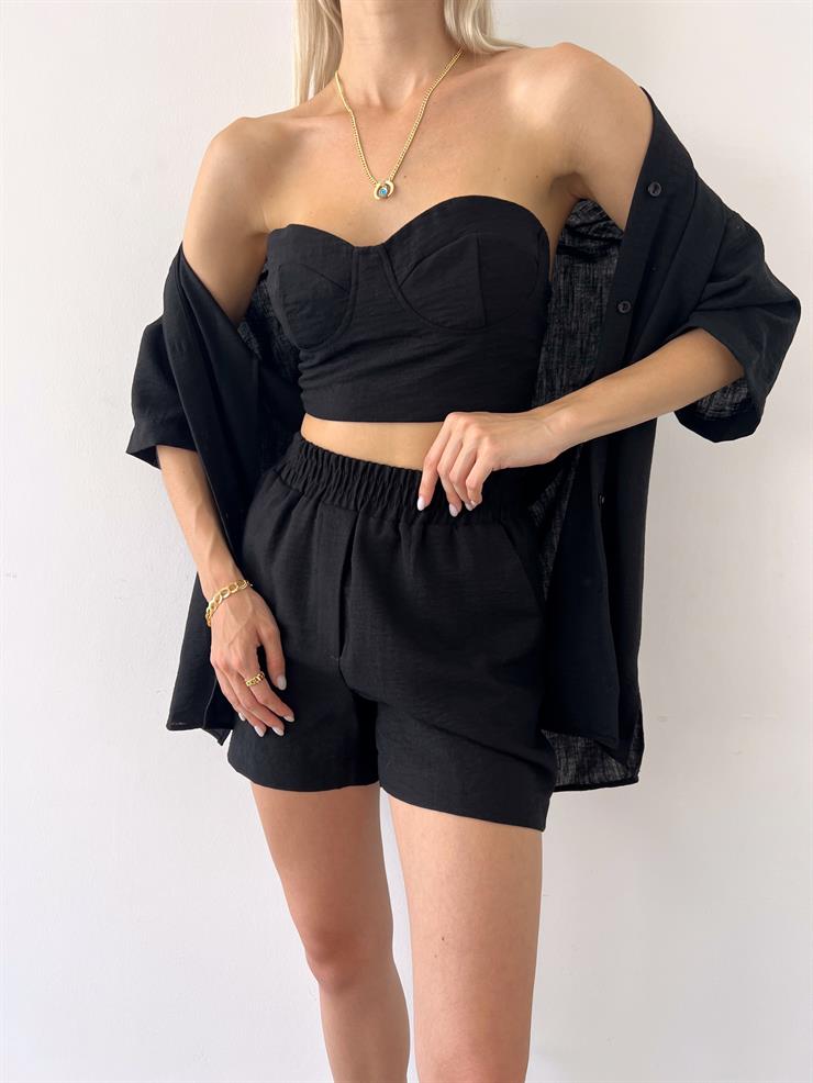 Yarım Kol Önü Düğmeli Gömlek Straplez Crop Beli Lastikli Mini Şort Pietro Kadın Siyah Üçlü Takım 23Y000505