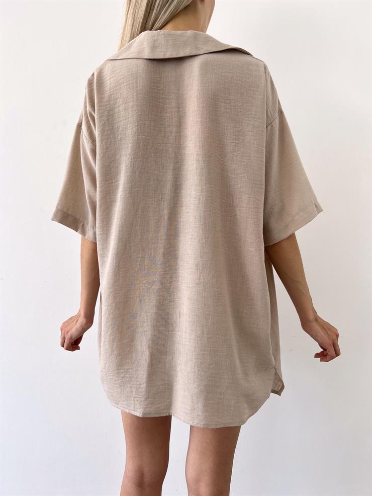 Yarım Kol Önü Düğmeli Gömlek Straplez Crop Beli Lastikli Mini Şort Pietro Kadın Taş Üçlü Takım 23Y000505