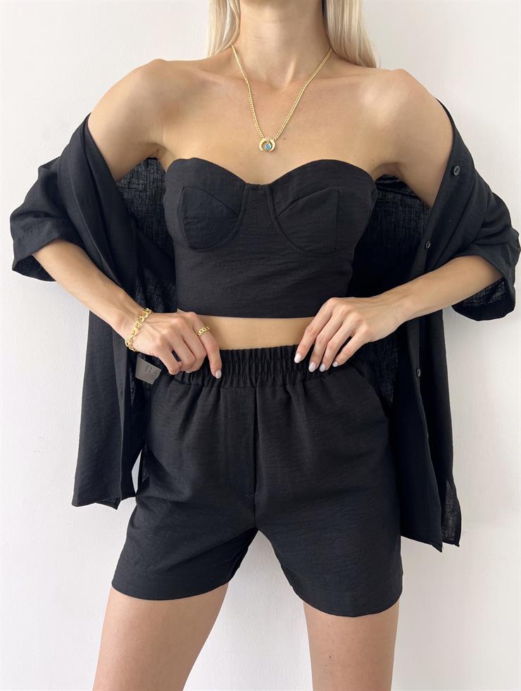 Yarım Kol Önü Düğmeli Gömlek Straplez Crop Beli Lastikli Mini Şort Pietro Kadın Siyah Üçlü Takım 23Y000505