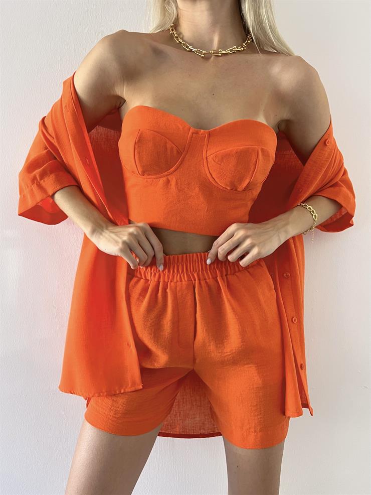 Yarım Kol Önü Düğmeli Gömlek Straplez Crop Beli Lastikli Mini Şort Pietro Kadın Turuncu Üçlü Takım 23Y000505