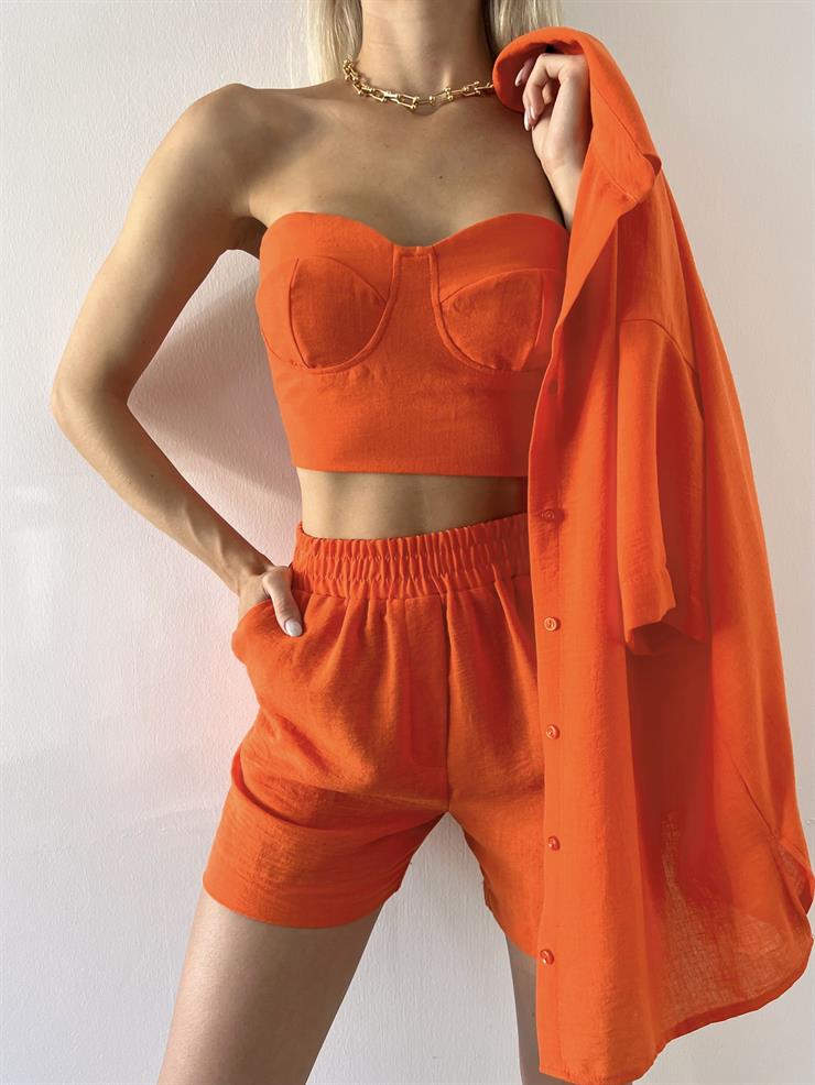 Yarım Kol Önü Düğmeli Gömlek Straplez Crop Beli Lastikli Mini Şort Pietro Kadın Turuncu Üçlü Takım 23Y000505