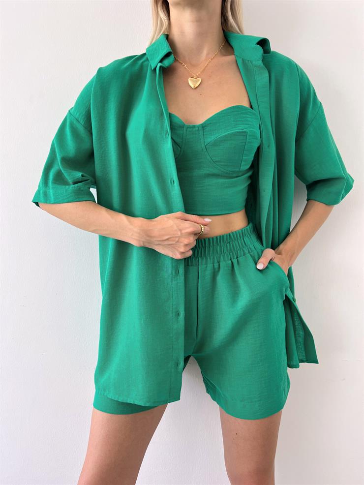 Yarım Kol Önü Düğmeli Gömlek Straplez Crop Beli Lastikli Mini Şort Pietro Kadın Yeşil Üçlü Takım 23Y000505